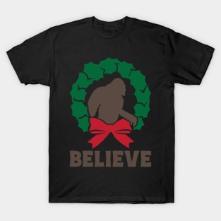 Believe Bigfoot Christmas Wreath Funny Sasquatch Lover Xmas Gift T-Shirt